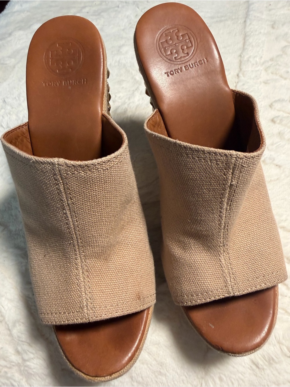 Tory Burch Beige Canvas Open-Toe Mules